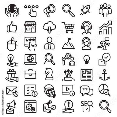 Collection of hand drawn icons representing digital marketing and business growth concepts