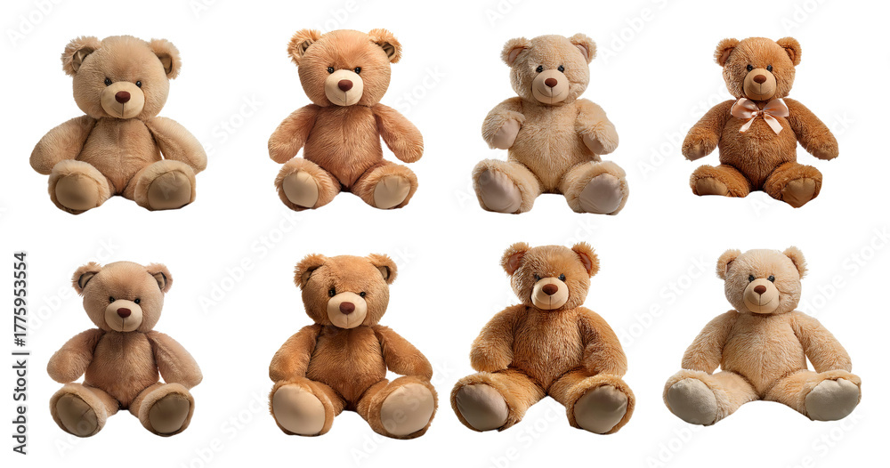 Fototapeta premium Variety of Soft Plush Teddy Bears in Different Colors and Textures, PNG bundle collection, Isolated on Transparent Background