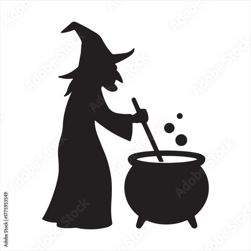 Silhouette of a witch stirring a bubbling cauldron with a pointed hat and long robe
