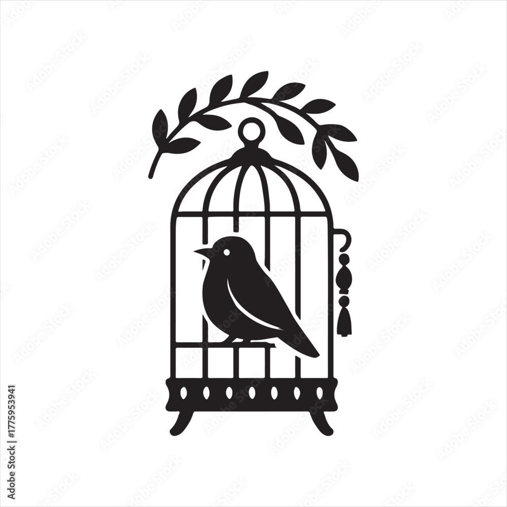 Fototapeta premium Elegant silhouette of a bird perched inside an ornate vintage birdcage adorned with a leafy branch