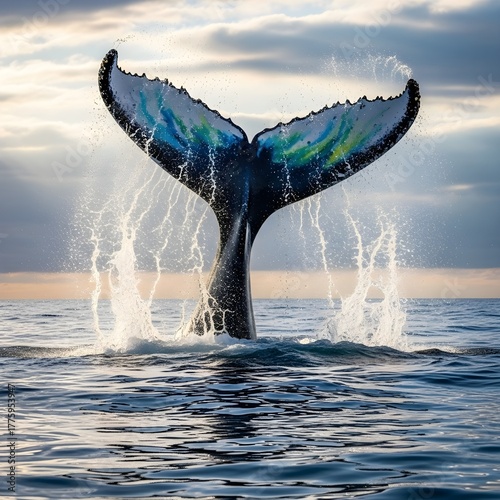 Humpback whale tail breaching the ocean surface with water splashing around it
