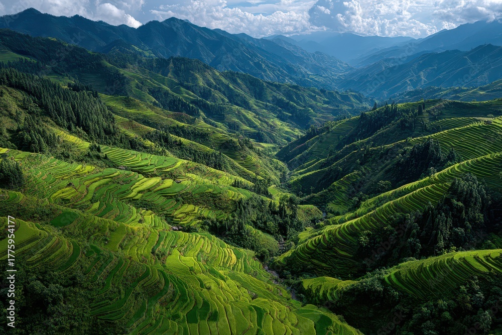 Obraz premium Lush Green Rice Terraces in Mountainous Valley Landscape