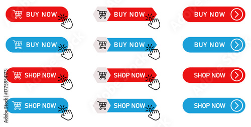 Collection of buy now and shop now buttons with hand click icons for online shopping, e-commerce sales, and digital store promotions. Perfect for marketing, banners, and web design use.