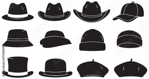 cap hat beret bonnet Shape set collection pack black icon silhouette vector flat illustration design on white background