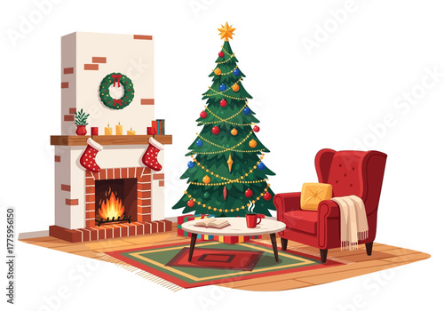 Cozy Christmas scene with a tree fireplace armchair  coffee table