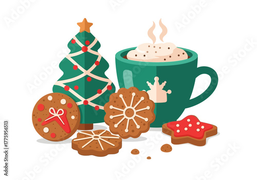Festive scene Hot cocoa with whipped cream Christmas tree  assorted gingerbread cookies