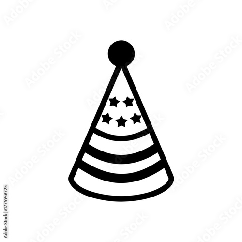 A cone-shaped party hat with a pompom on top — a classic birthday accessory.