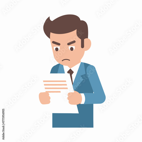 An angry businessman is holding and scrutinizing a document, looking frustrated.