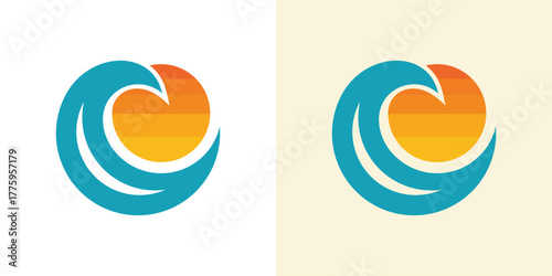 PrintSunrise Wave Harmony Logo , A clean and modern dual-meaning design blending ocean waves and rising sun to symbolize vacation, calm nature, coastal lifestyle, freedom