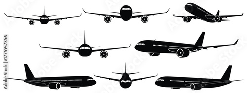 Airplane Silhouettes Collection with Front and Side Views — Ideal for Aviation Design, Flight School Posters, Aerospace Branding, Travel Brochures, Military Graphics, and Engineering Presentations