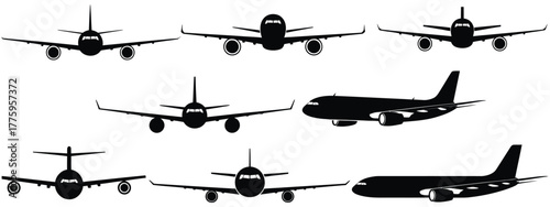 Airplane Silhouettes Collection with Front and Side Views — Ideal for Aviation Design, Flight School Posters, Aerospace Branding, Travel Brochures, Military Graphics, and Engineering Presentations