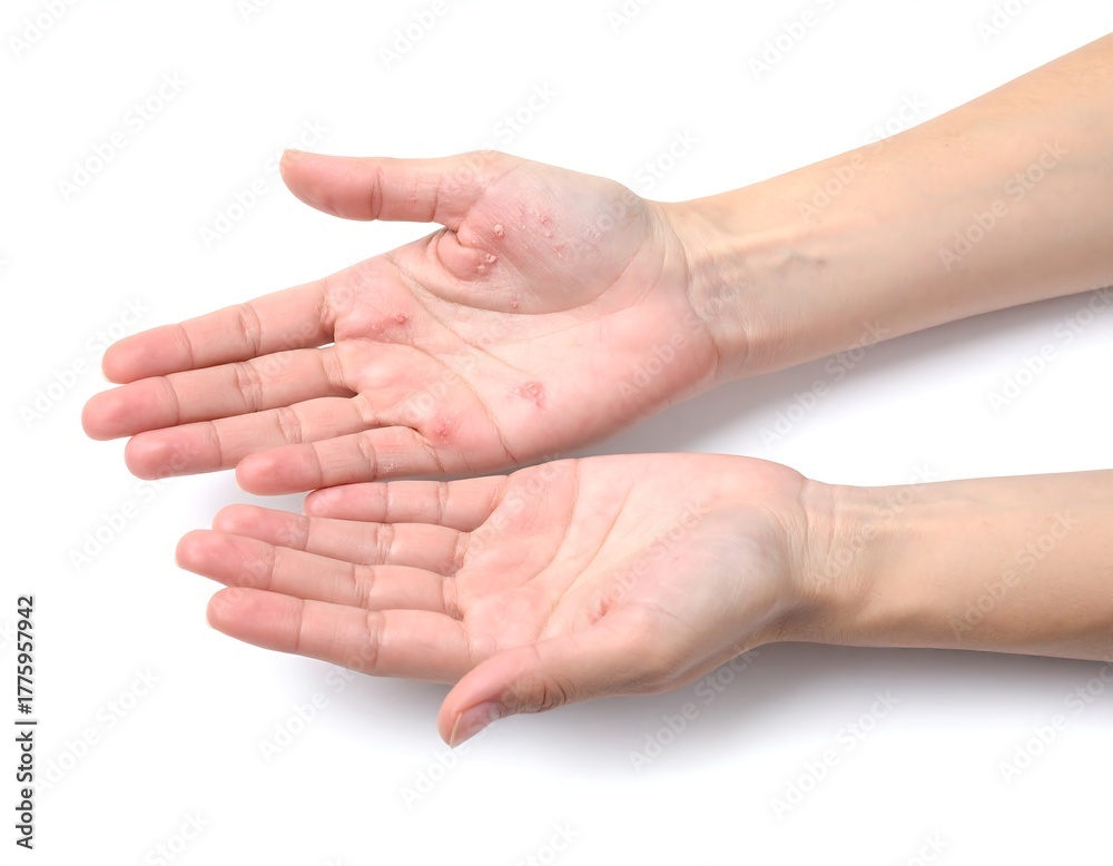 Fototapeta premium Open palms, showing a skin condition. One hand affected