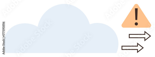 Large cloud shape, warning triangle, and arrows indicating data transfer. Ideal for disaster recovery, cybersecurity, error handling, monitoring, cloud storage, network alerts simple flat metaphor