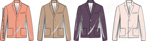 Set of men's single-breasted blazers in different colors. Fashion technical flat vector illustration for design and apparel production