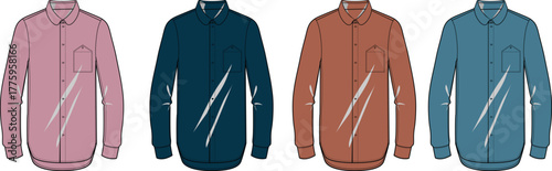 A collection of four different colored button-down long-sleeved shirts, presented in a clean, minimalist illustration style