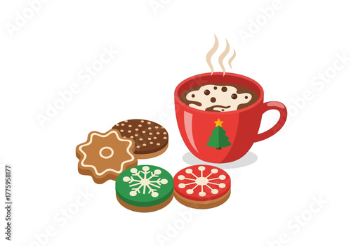 Red mug with hot chocolate topped with marshmallows plus assorted holiday cookies
