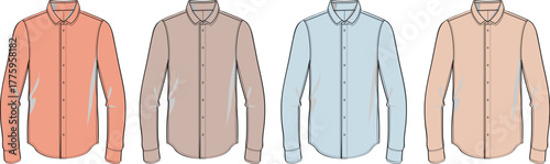 Set of colorful men's classic long-sleeve button-up shirts. Wardrobe essentials and apparel concept for fashion design vector flat illustration