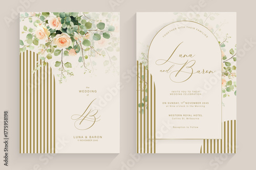Aesthetic Wedding Invitation with Watercolor Greenery Leaves and branch