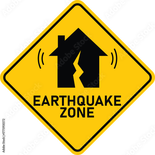 Earthquake zone icon. Earthquake warning sign with crack house symbol. Broke damage residential building area warning symbol. flat style.