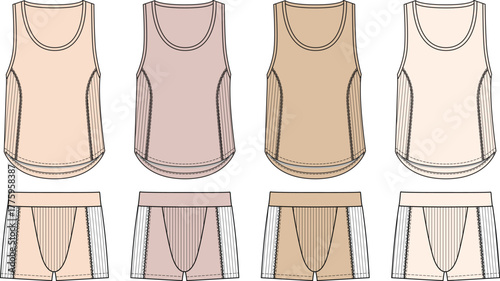 Collection of four tank tops and four pairs of briefs in various colors and styles, presented as flat fashion sketches