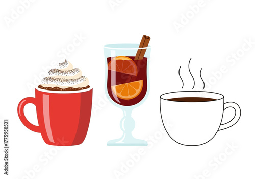 Three drinks a red mug with whipped cream mulled wine with oranges and a white cup of coffee with steam