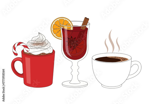 Drinks Hot chocolate with candy cane mulled wine with orange coffee in white mug with steam