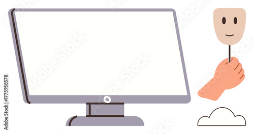Computer monitor and hand holding a smiling mask against a cloud highlight themes of online identity, anonymity, and virtual connections. Ideal for technology, privacy, identity, cloud storage