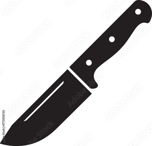 Black vector silhouette of a sharp hunting knife with a sturdy handle isolated on a transparent background for design