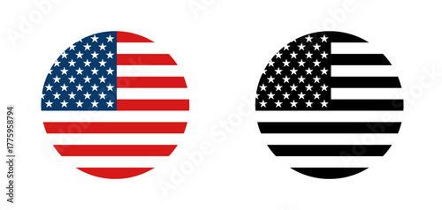 Round black and white American flag vector symbolizing pride, freedom, and unity. Perfect for memorial or Independence Day designs, minimalist and isolated on transparent background.
