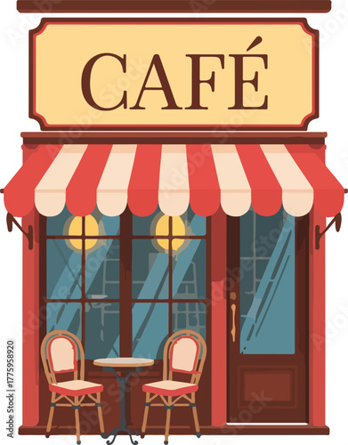 Charming cafe storefront vector illustration featuring a red and white striped awning and outdoor seating