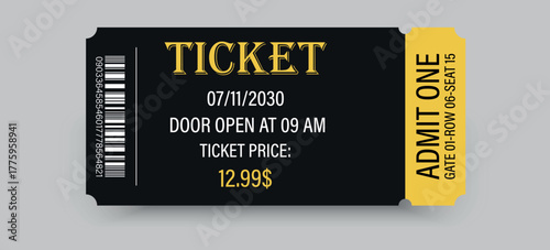 A stylized ticket for an event. black and yellow ticket for an event