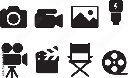 Collection of black and white icons for photography and filmmaking