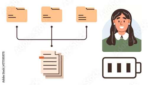Three folders linked to stacked documents, woman portrait symbolizing user, battery icon. Ideal for file management, digital workflow, efficiency, productivity, organization, office tasks flat