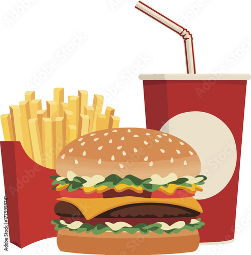 Fast food combo vector illustration with a delicious hamburger french fries and a refreshing soda drink