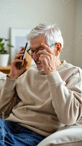 Smiling elderly man smartphone senior male gray hair eyeglasses beige sweater cozy living room joyful relaxed posture indoor technology leisure white