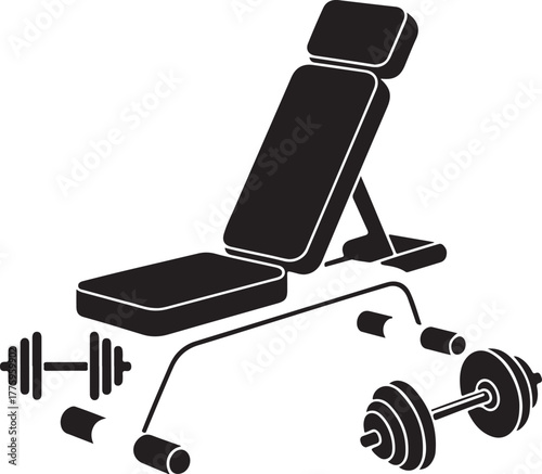 Gym equipment vector silhouette for fitness and workout concepts including bench barbell and dumbbell
