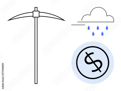 Minimalist pickaxe, rain cloud, and dollar coin highlight labor, productivity, challenges, financial growth. Ideal for economy, industry, mining investment entrepreneurship sustainability simple
