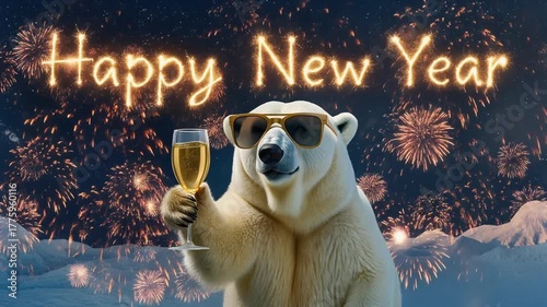 Polar bear in sunglasses toasting under New Year fireworks with glowing sparks