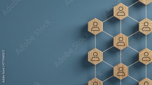 Interconnected hexagons with person icons symbolize team structure and business networking