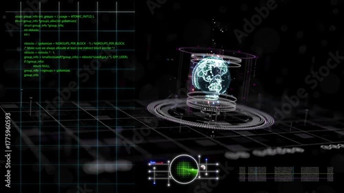 A holographic globe materializes inside a futuristic interface, with computer code scrolling and a radar display scanning, representing global data processing in a dark, digital environment.