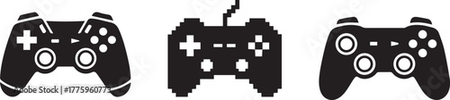 Collection of three black video game controllers, modern and retro styles. video game controllers 
in silhouette. Three different video game controllers isolated on white background