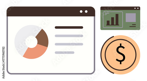 Data dashboard featuring pie chart, bar graph, dollar icon representing financial trends and insights. Ideal for business, investment, economy, analytics, accounting, banking budget planning simple