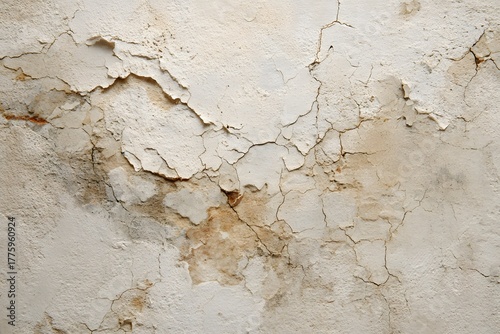 Close-up of peeling paint and damp stains on a wall.