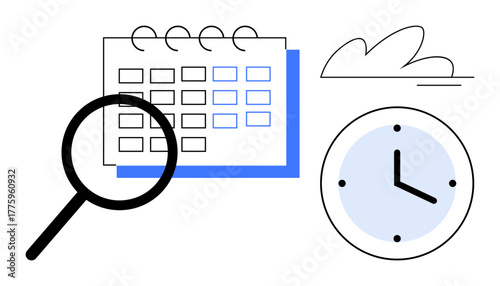 Magnifying glass, calendar, and clock emphasize scheduling, focus, and time tracking. Ideal for productivity, time management, organization, deadlines task planning appointments and efficiency