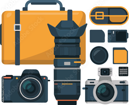 Photography equipment collection vector illustration featuring cameras lenses and accessories in a flat design style