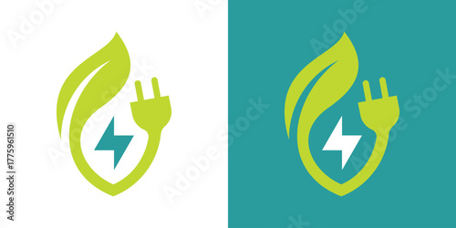 Eco Energy Leaf Logo , A modern dual-meaning symbol merging a leaf with an energy element to Green Shield Power Plug Logo. 