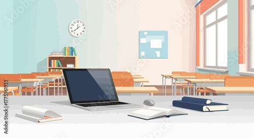 School Classroom Illustration with Laptop and Books