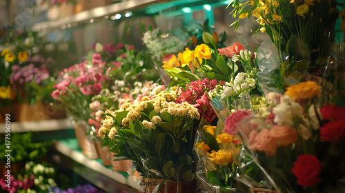 Stunning bouquets of colorful flowers arranged beautifully in florist shop, creating vibrant and inviting atmosphere