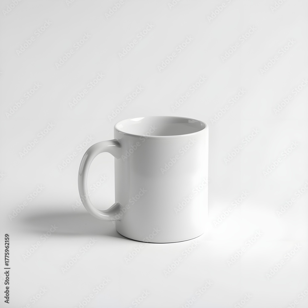 Obraz premium A simple, pristine white ceramic mug is presented against a clean, bright white background. The mug's handle is clearly visible, and the lighting is soft and even, highlighting its smooth surface and 