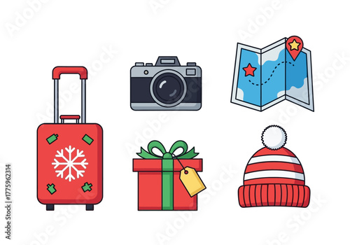 The image shows a red suitcase camera map gift  hat